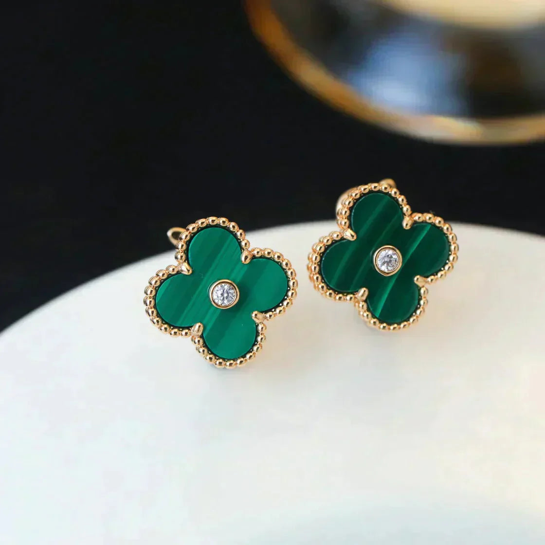 [Dawnora Jewelry]CLOVER MEDIUM 1 MOTIFS MALACHITE DIAMOND EARRINGS