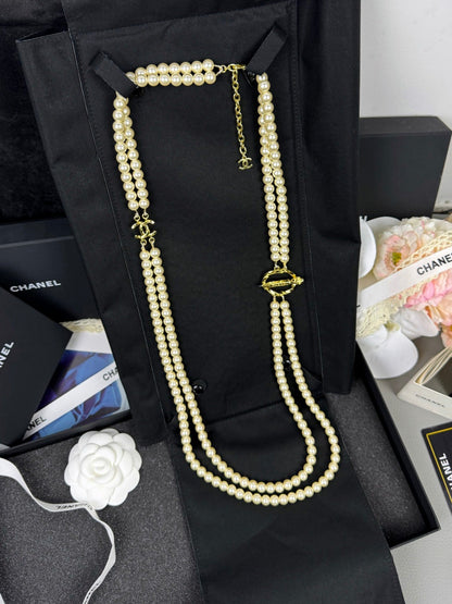 [Dawnora Jewelry]25K Pencil Double C Double-Layer Pearl Sweater Chain