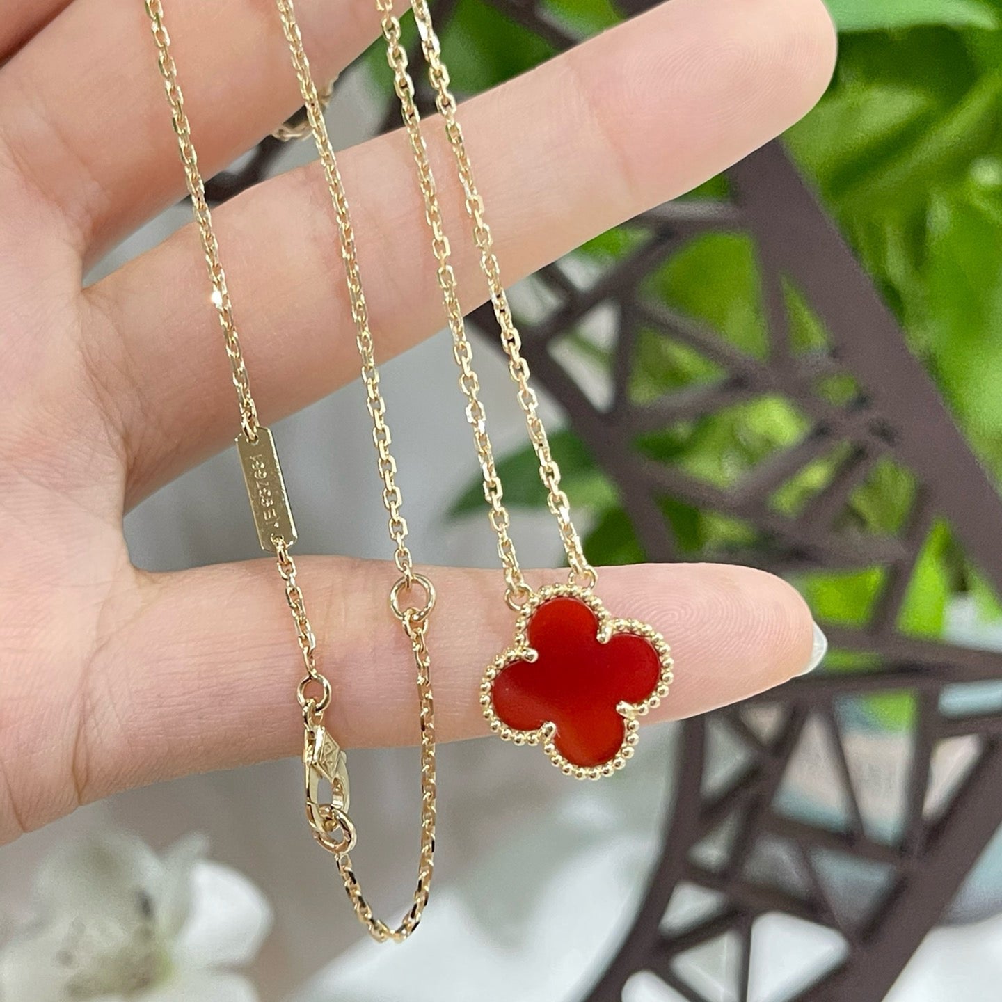 [Dawnora Jewelry]CLOVER 15MM CARNELIAN SINGLE FLOWER NECKLACE