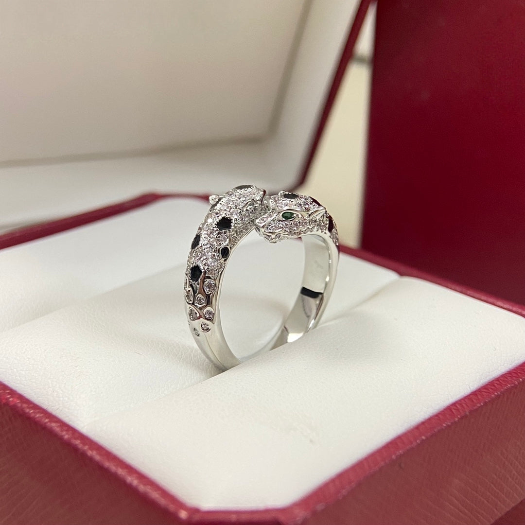 [Dawnora Jewelry]FULL DIAMOND DOUBLE LEOPARD HEAD RING