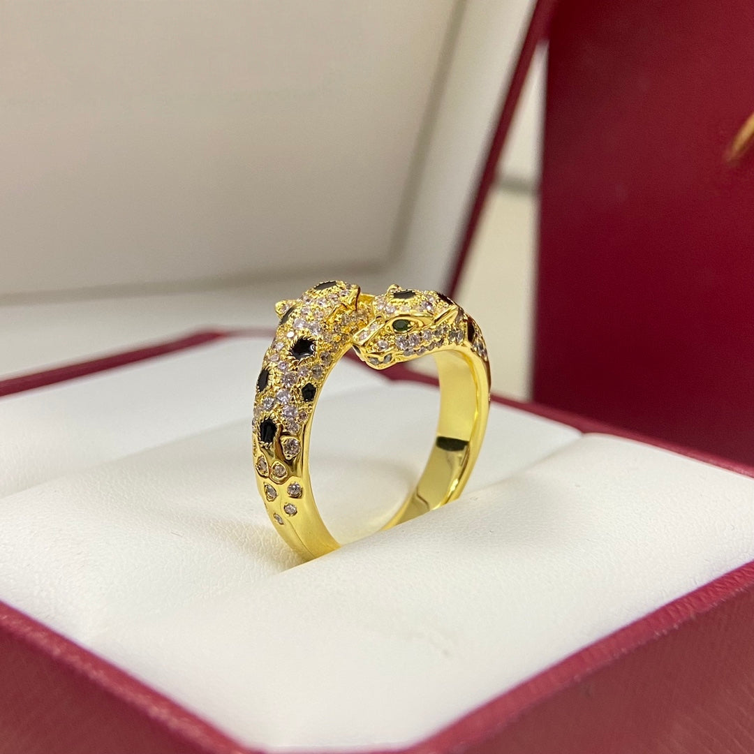 [Dawnora Jewelry]FULL DIAMOND DOUBLE LEOPARD HEAD RING